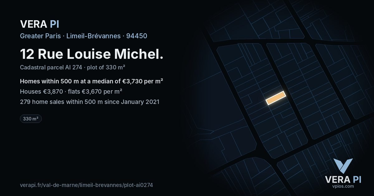 12 Rue Louise Michel, Limeil-Brévannes at night – the plot lit, the parcels around coloured by the prices near them