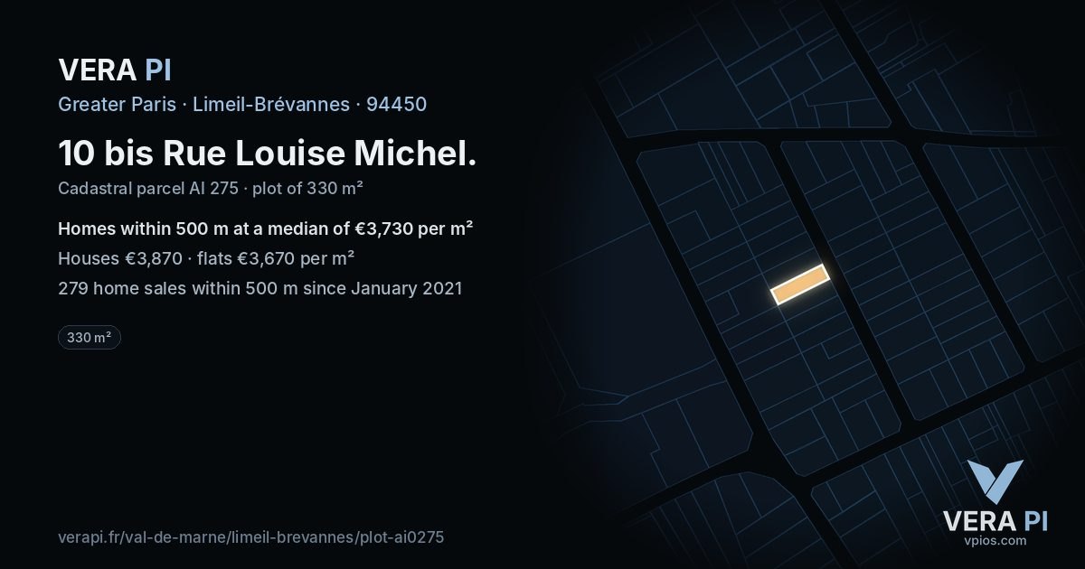 10 bis Rue Louise Michel, Limeil-Brévannes at night – the plot lit, the parcels around coloured by the prices near them