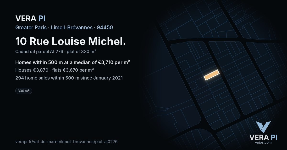 10 Rue Louise Michel, Limeil-Brévannes at night – the plot lit, the parcels around coloured by the prices near them