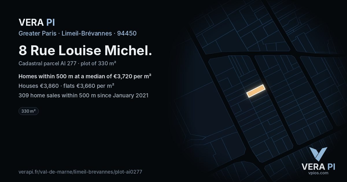 8 Rue Louise Michel, Limeil-Brévannes at night – the plot lit, the parcels around coloured by the prices near them