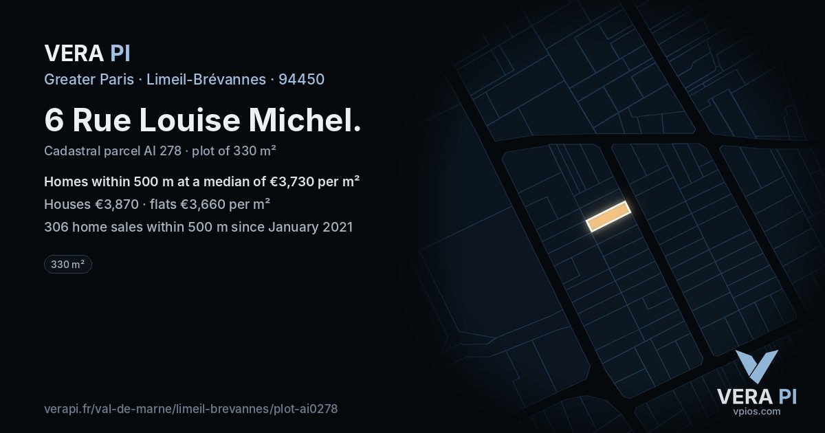 6 Rue Louise Michel, Limeil-Brévannes at night – the plot lit, the parcels around coloured by the prices near them