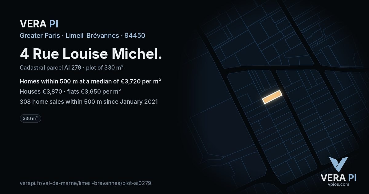 4 Rue Louise Michel, Limeil-Brévannes at night – the plot lit, the parcels around coloured by the prices near them