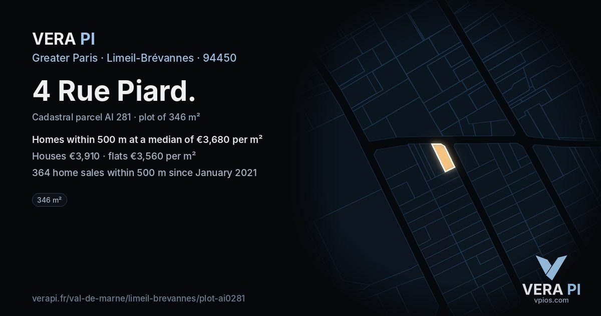 4 Rue Piard, Limeil-Brévannes at night – the plot lit, the parcels around coloured by the prices near them