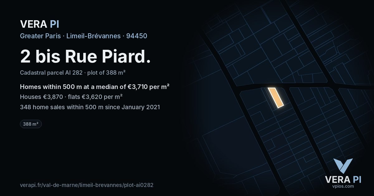 2 bis Rue Piard, Limeil-Brévannes at night – the plot lit, the parcels around coloured by the prices near them