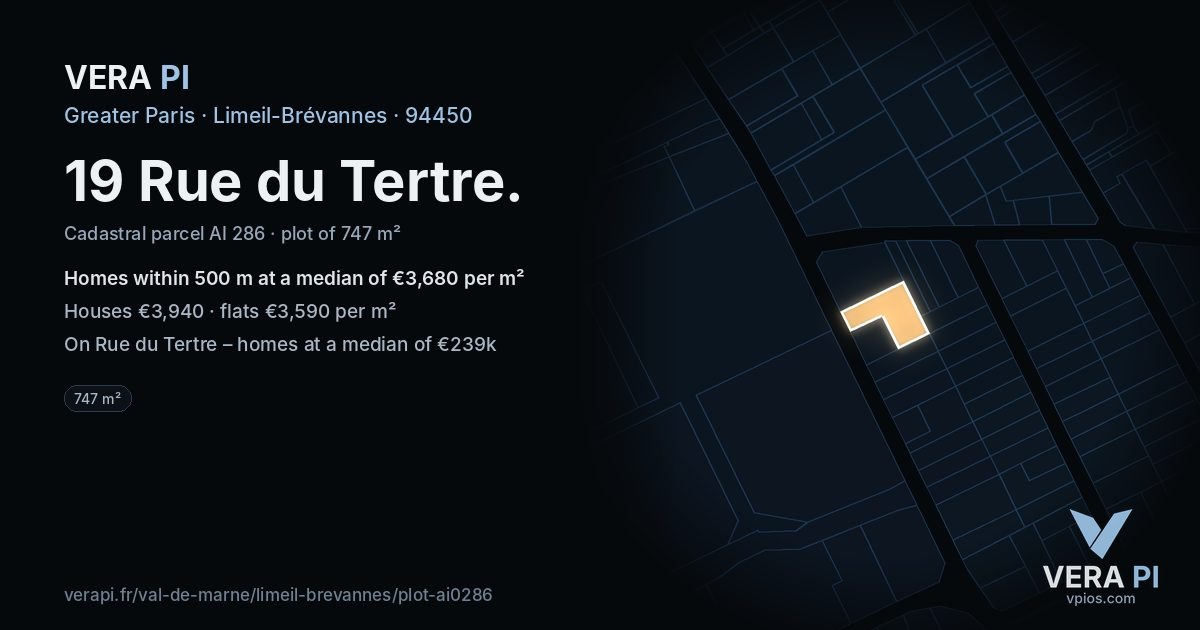 19 Rue du Tertre, Limeil-Brévannes at night – the plot lit, the parcels around coloured by the prices near them