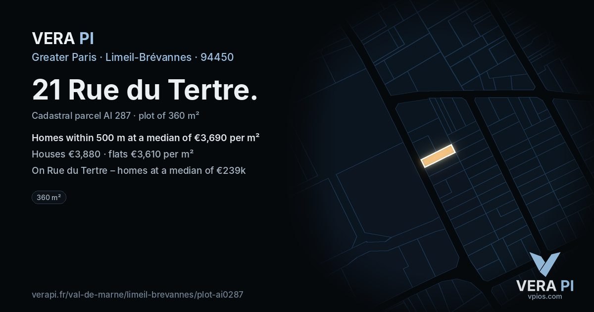 21 Rue du Tertre, Limeil-Brévannes at night – the plot lit, the parcels around coloured by the prices near them