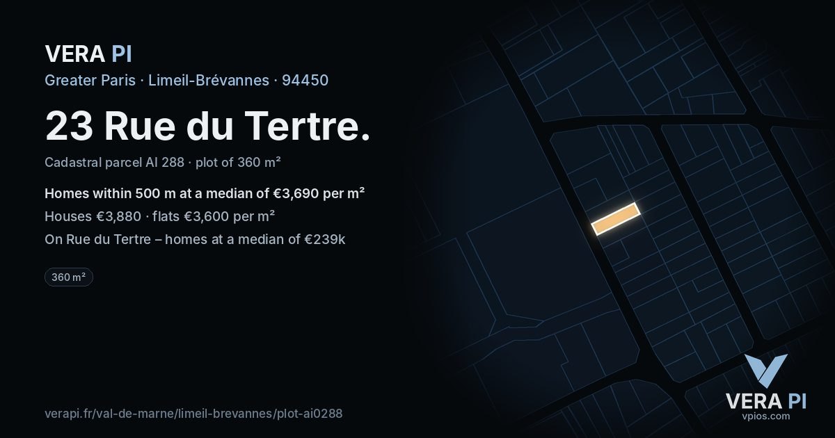 23 Rue du Tertre, Limeil-Brévannes at night – the plot lit, the parcels around coloured by the prices near them