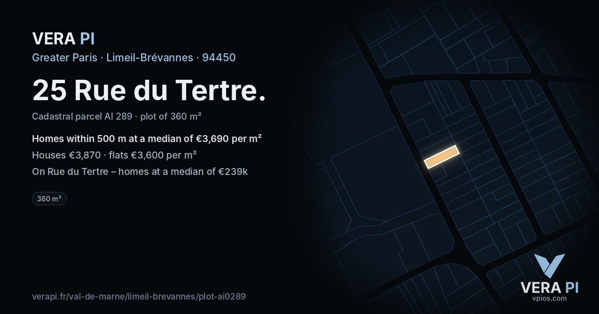 25 Rue du Tertre, Limeil-Brévannes at night – the plot lit, the parcels around coloured by the prices near them