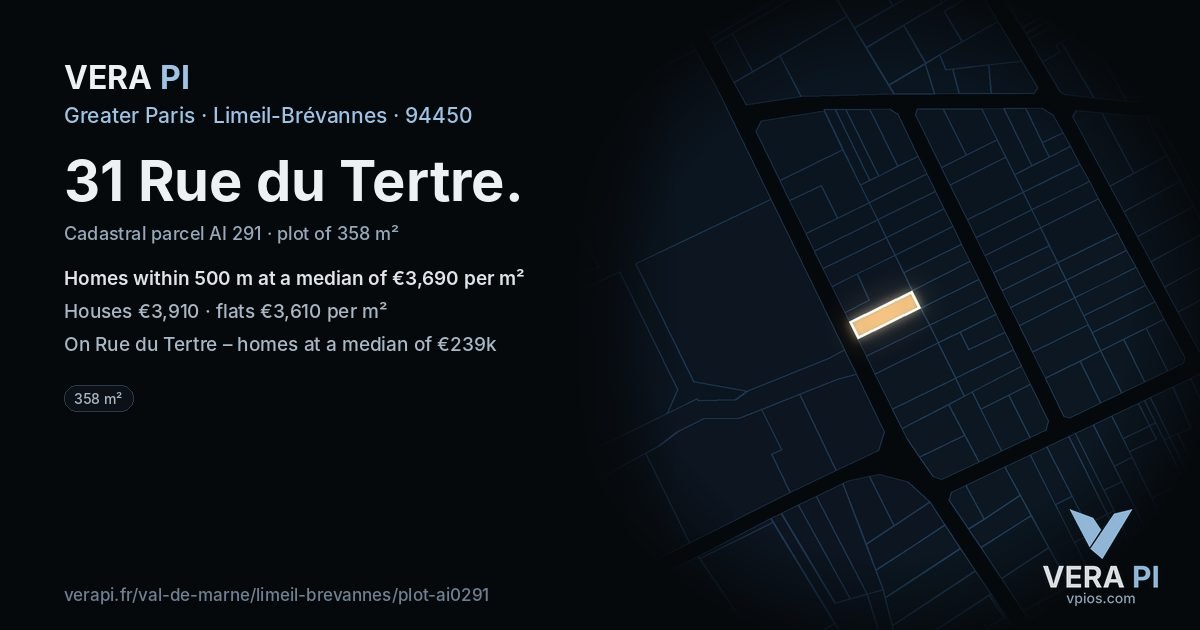 31 Rue du Tertre, Limeil-Brévannes at night – the plot lit, the parcels around coloured by the prices near them