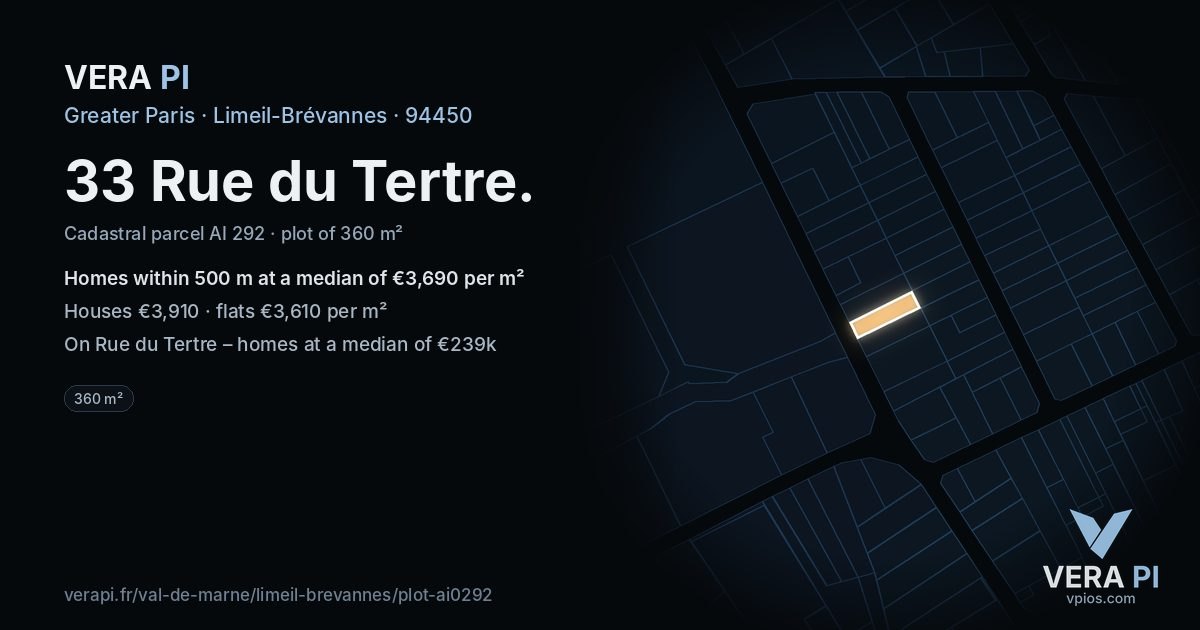 33 Rue du Tertre, Limeil-Brévannes at night – the plot lit, the parcels around coloured by the prices near them