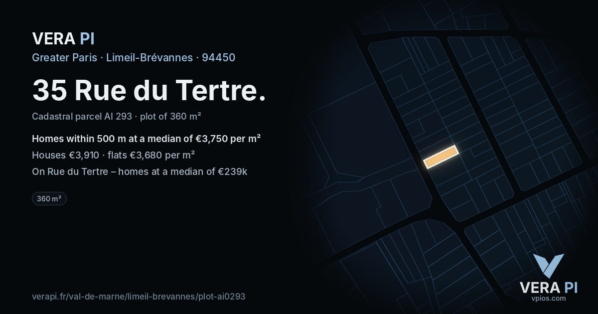35 Rue du Tertre, Limeil-Brévannes at night – the plot lit, the parcels around coloured by the prices near them