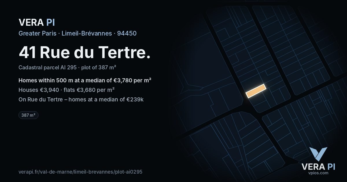 41 Rue du Tertre, Limeil-Brévannes at night – the plot lit, the parcels around coloured by the prices near them