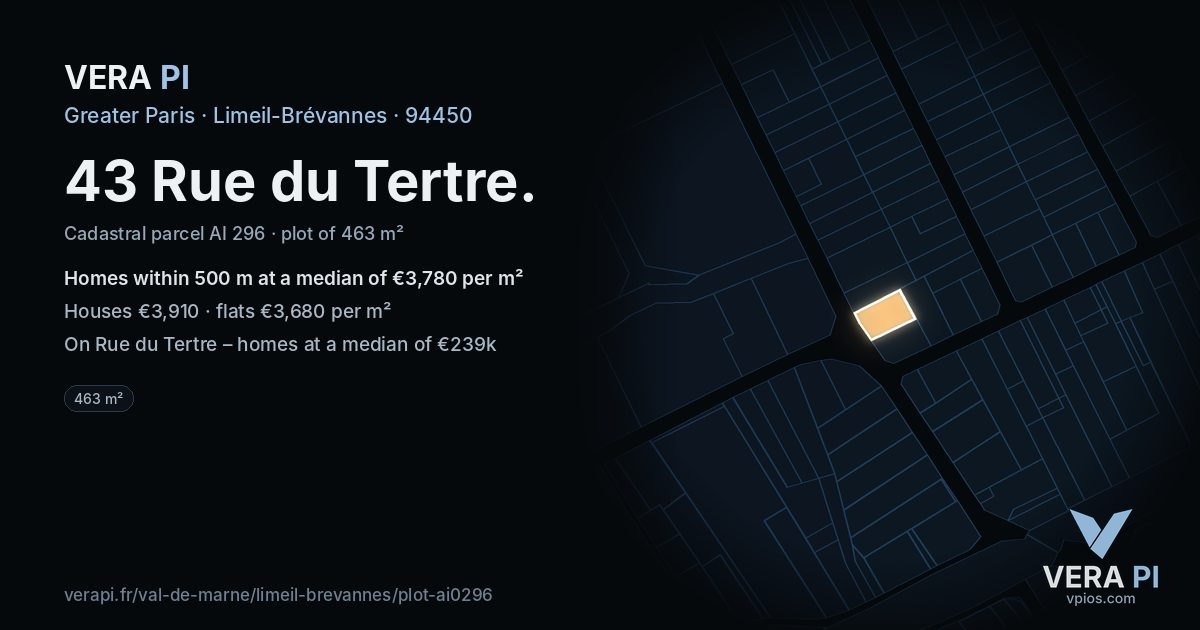 43 Rue du Tertre, Limeil-Brévannes at night – the plot lit, the parcels around coloured by the prices near them