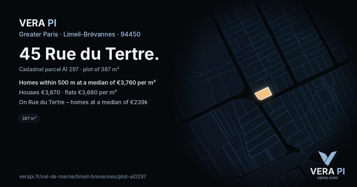 45 Rue du Tertre, Limeil-Brévannes at night – the plot lit, the parcels around coloured by the prices near them