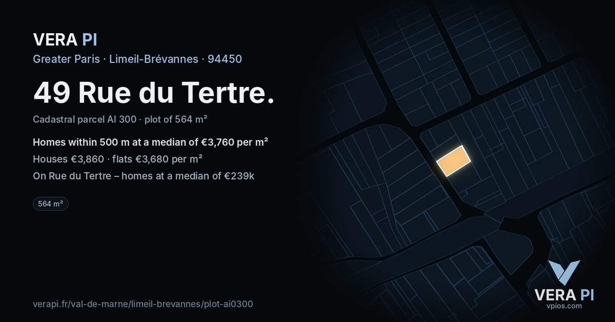 49 Rue du Tertre, Limeil-Brévannes at night – the plot lit, the parcels around coloured by the prices near them