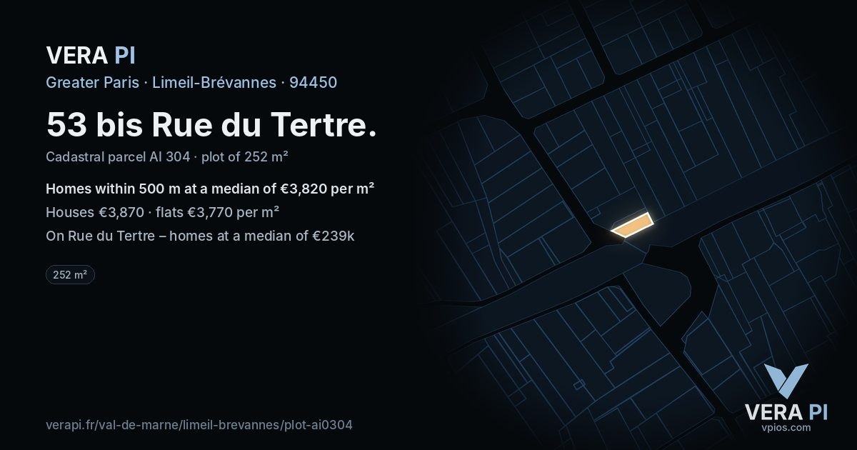 53 bis Rue du Tertre, Limeil-Brévannes at night – the plot lit, the parcels around coloured by the prices near them