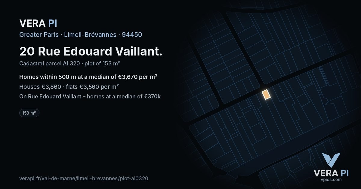20 Rue Edouard Vaillant, Limeil-Brévannes at night – the plot lit, the parcels around coloured by the prices near them