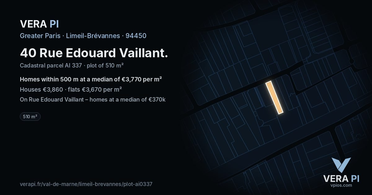 40 Rue Edouard Vaillant, Limeil-Brévannes at night – the plot lit, the parcels around coloured by the prices near them