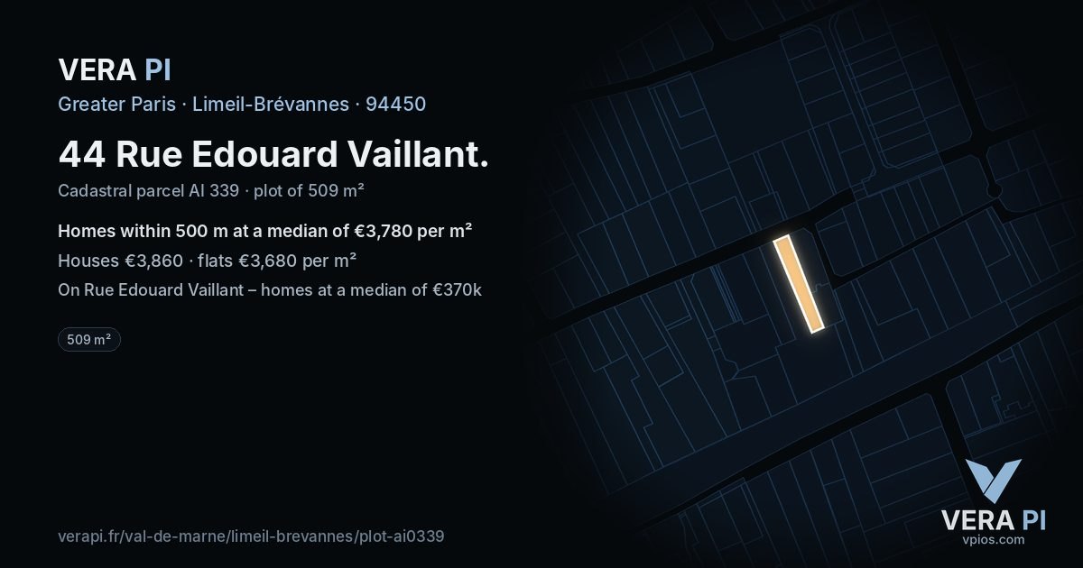 44 Rue Edouard Vaillant, Limeil-Brévannes at night – the plot lit, the parcels around coloured by the prices near them