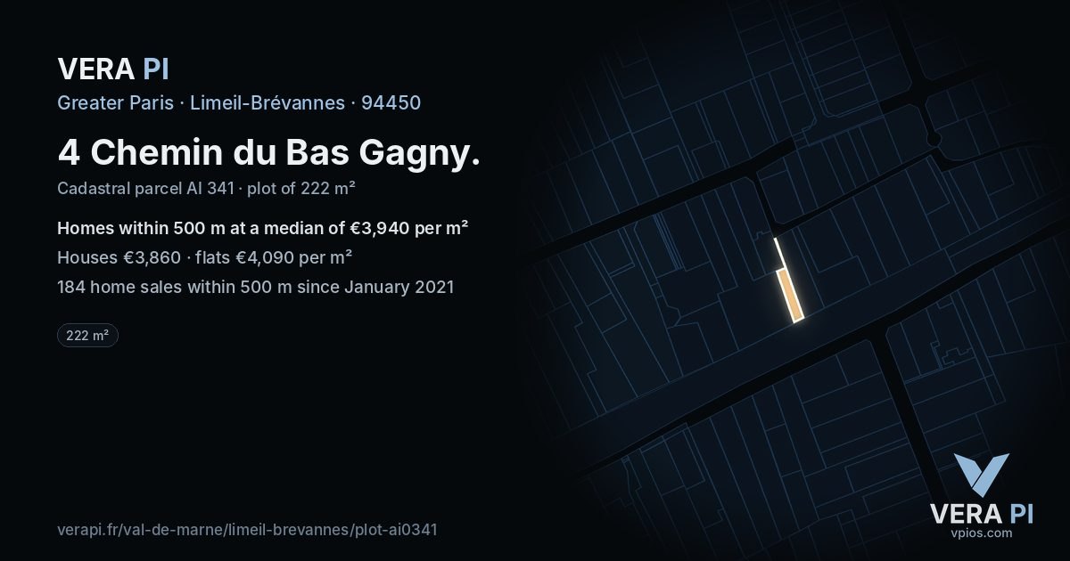 4 Chemin du Bas Gagny, Limeil-Brévannes at night – the plot lit, the parcels around coloured by the prices near them