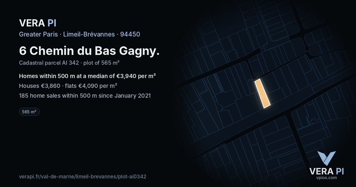 6 Chemin du Bas Gagny, Limeil-Brévannes at night – the plot lit, the parcels around coloured by the prices near them
