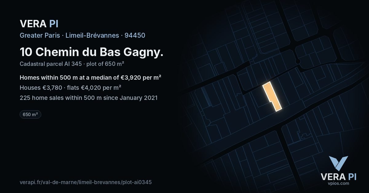 10 Chemin du Bas Gagny, Limeil-Brévannes at night – the plot lit, the parcels around coloured by the prices near them