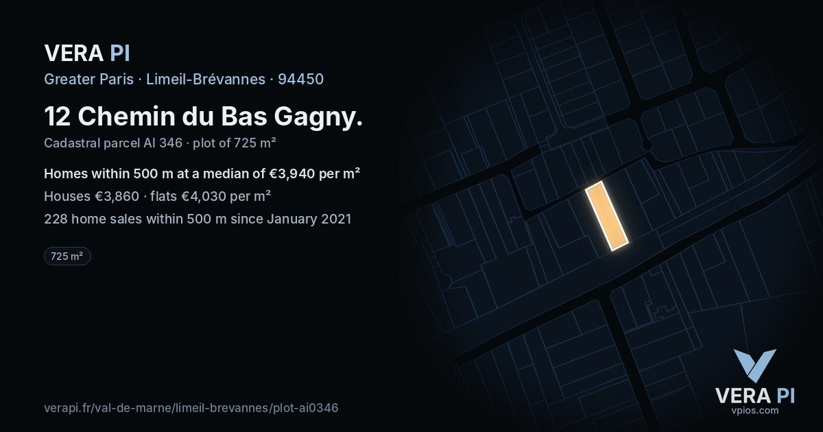 12 Chemin du Bas Gagny, Limeil-Brévannes at night – the plot lit, the parcels around coloured by the prices near them