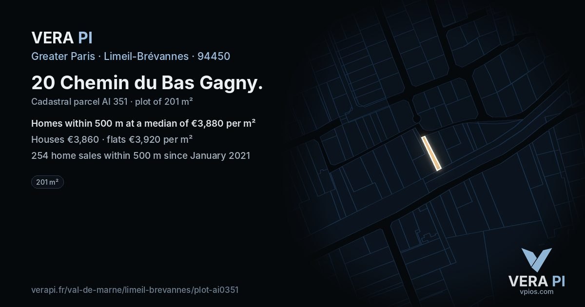 20 Chemin du Bas Gagny, Limeil-Brévannes at night – the plot lit, the parcels around coloured by the prices near them