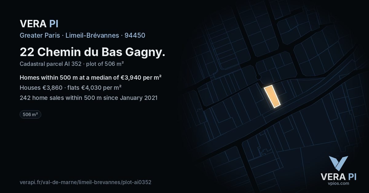 22 Chemin du Bas Gagny, Limeil-Brévannes at night – the plot lit, the parcels around coloured by the prices near them