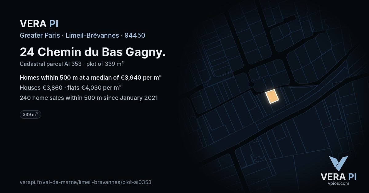 24 Chemin du Bas Gagny, Limeil-Brévannes at night – the plot lit, the parcels around coloured by the prices near them