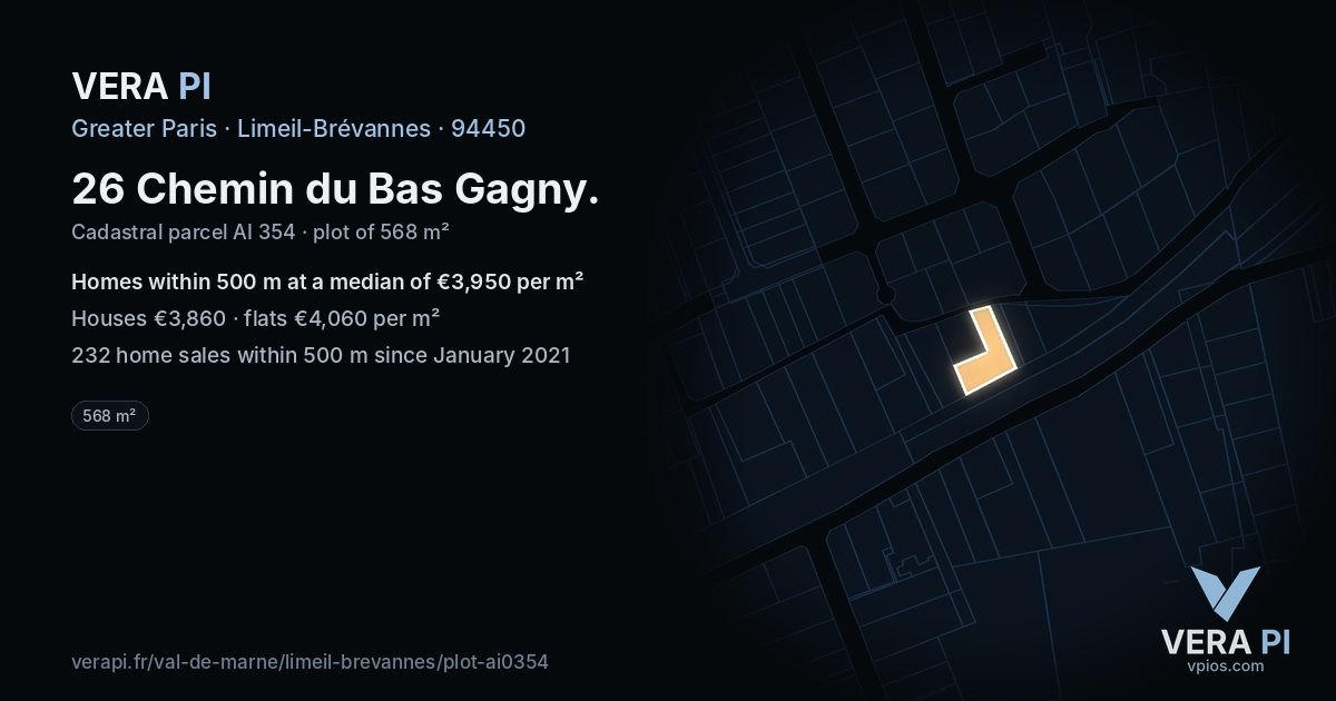 26 Chemin du Bas Gagny, Limeil-Brévannes at night – the plot lit, the parcels around coloured by the prices near them