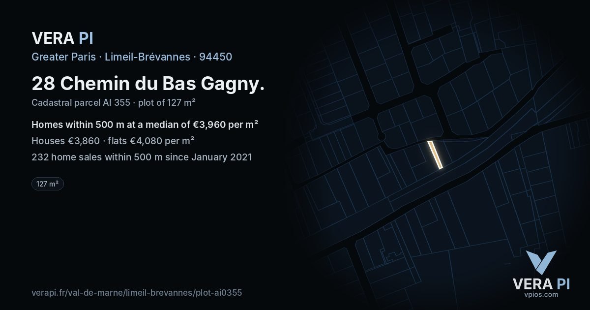 28 Chemin du Bas Gagny, Limeil-Brévannes at night – the plot lit, the parcels around coloured by the prices near them