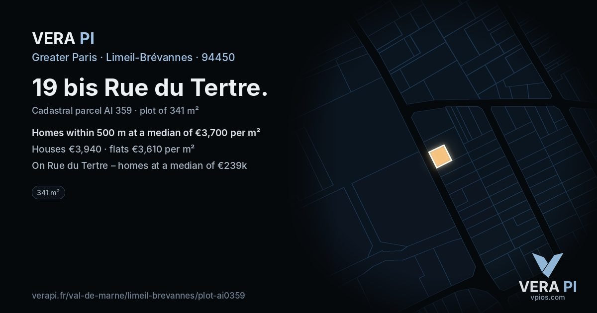 19 bis Rue du Tertre, Limeil-Brévannes at night – the plot lit, the parcels around coloured by the prices near them
