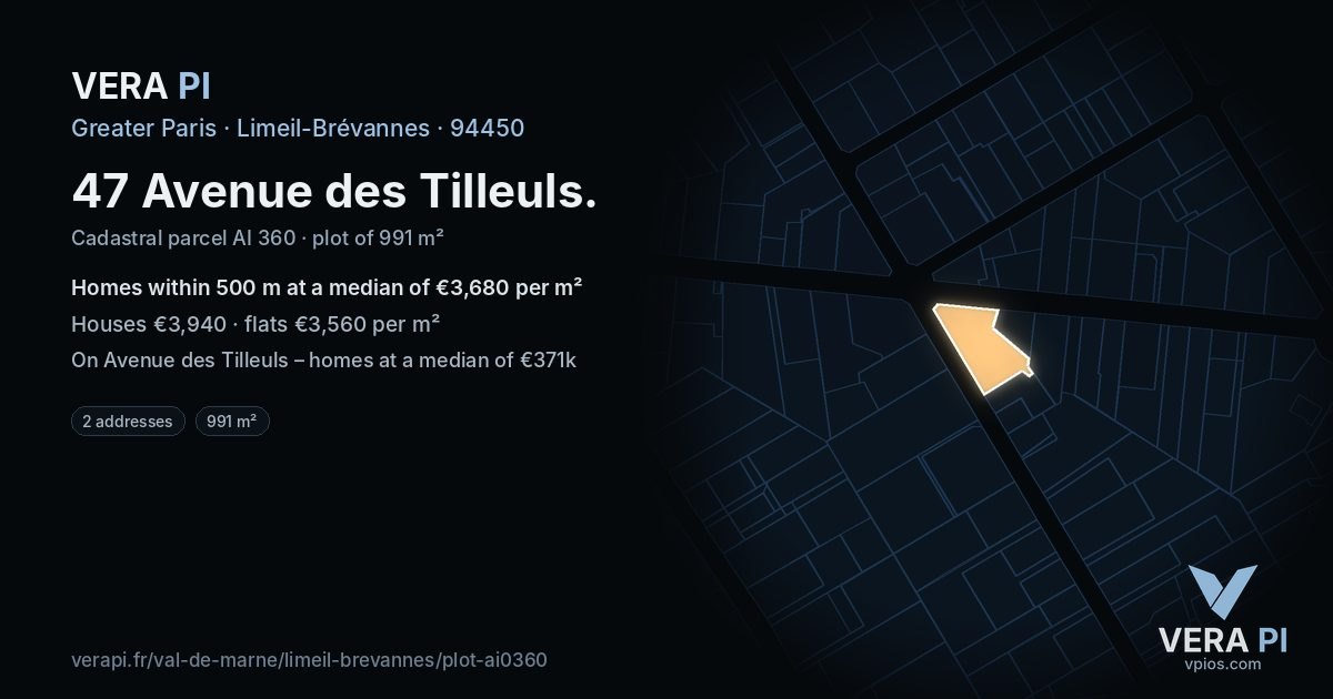 47 Avenue des Tilleuls, Limeil-Brévannes at night – the plot lit, the parcels around coloured by the prices near them