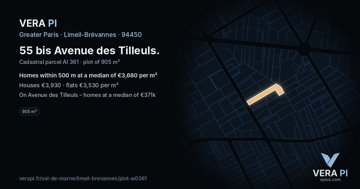 55 bis Avenue des Tilleuls, Limeil-Brévannes at night – the plot lit, the parcels around coloured by the prices near them