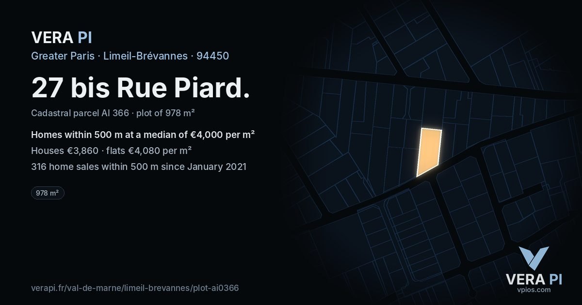 27 bis Rue Piard, Limeil-Brévannes at night – the plot lit, the parcels around coloured by the prices near them