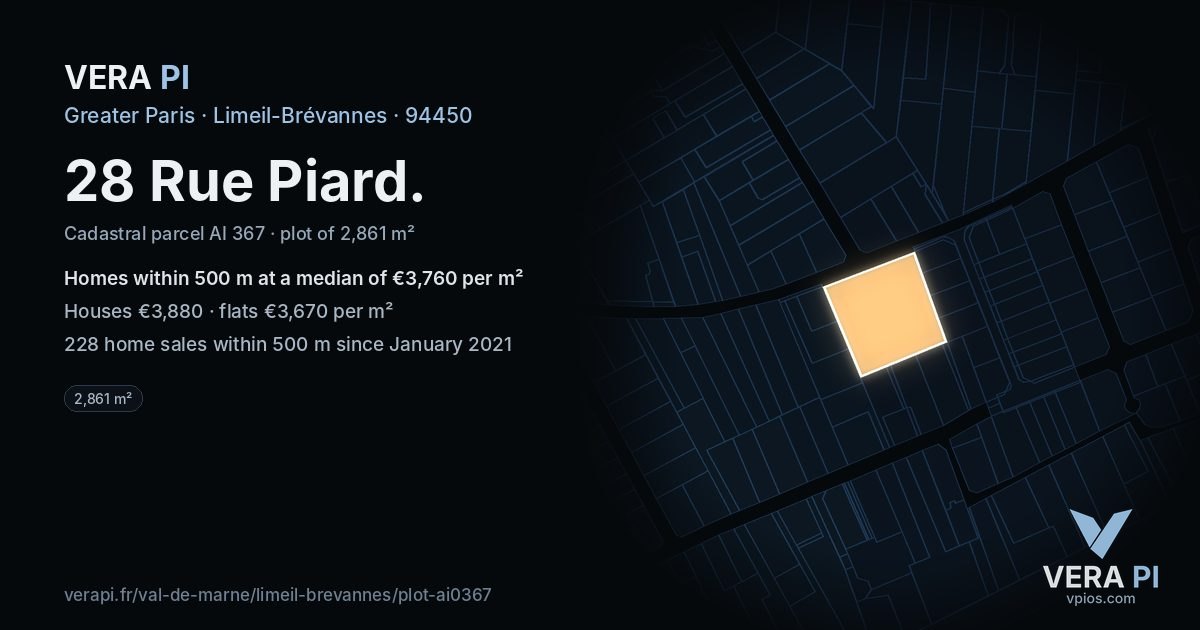 28 Rue Piard, Limeil-Brévannes at night – the plot lit, the parcels around coloured by the prices near them