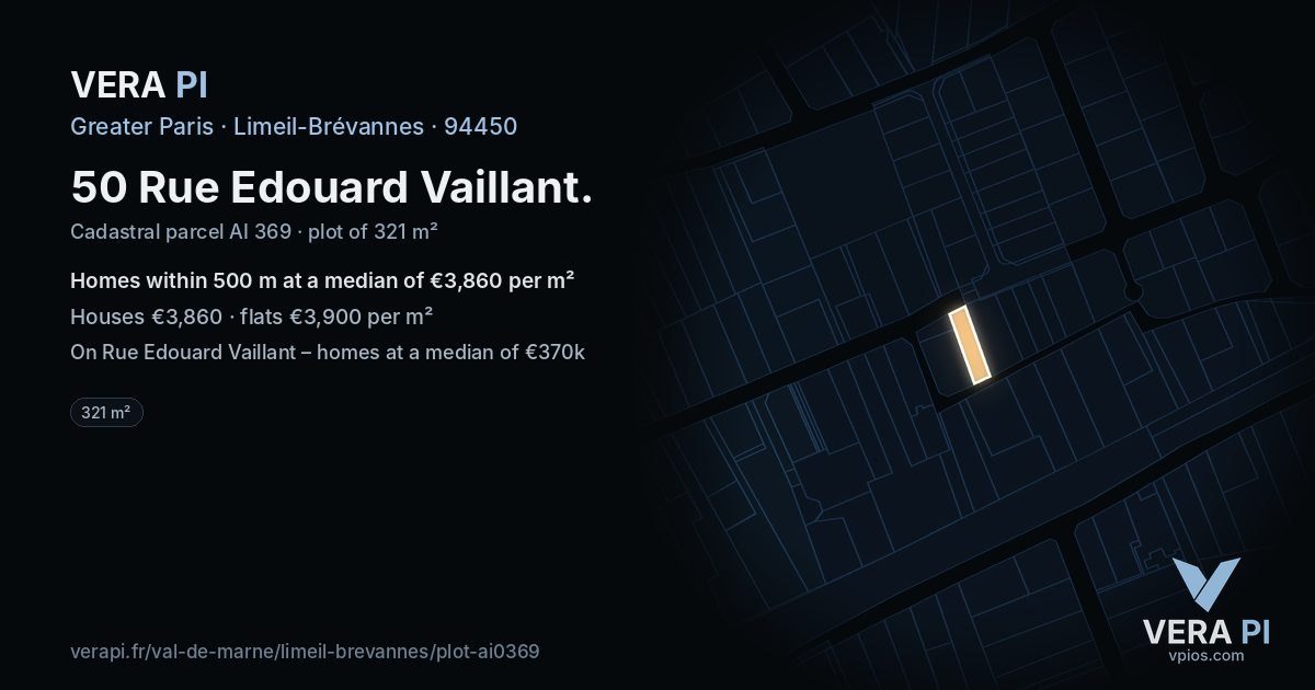 50 Rue Edouard Vaillant, Limeil-Brévannes at night – the plot lit, the parcels around coloured by the prices near them
