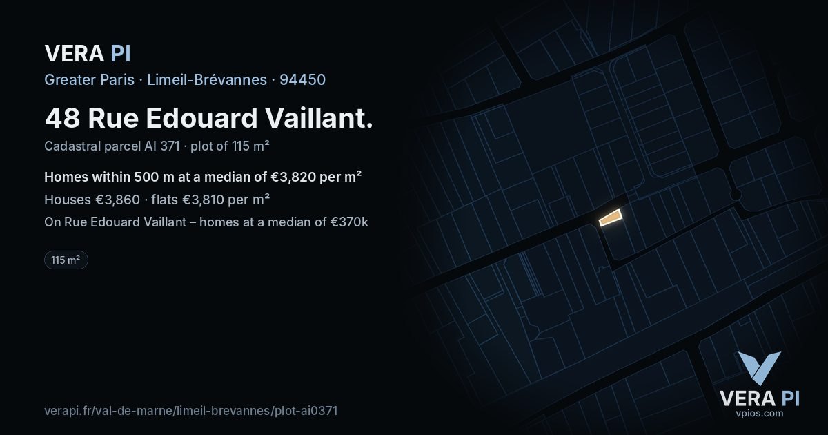 48 Rue Edouard Vaillant, Limeil-Brévannes at night – the plot lit, the parcels around coloured by the prices near them