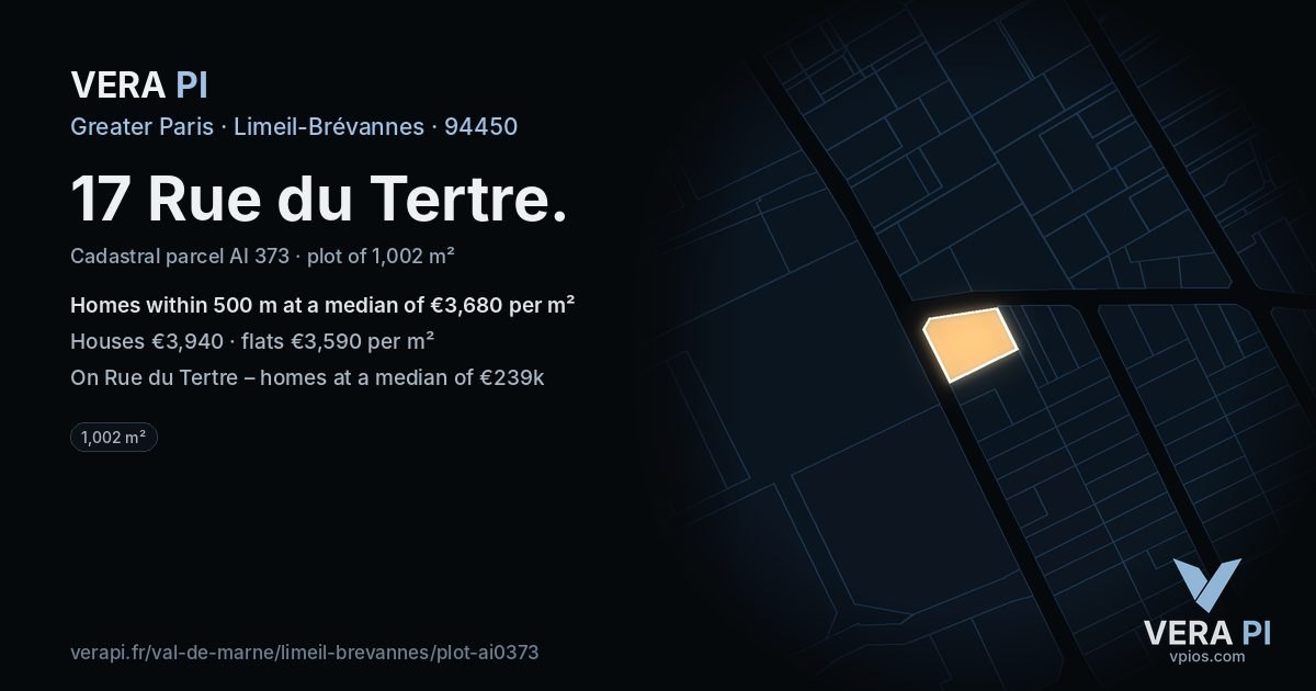 17 Rue du Tertre, Limeil-Brévannes at night – the plot lit, the parcels around coloured by the prices near them