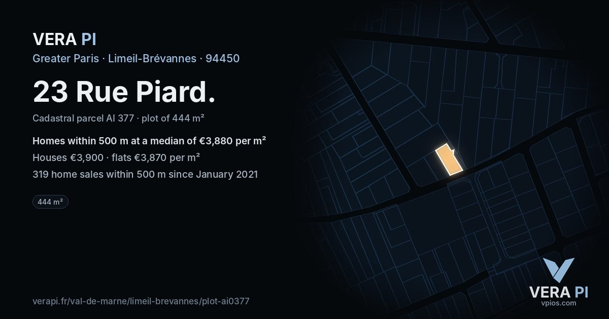 23 Rue Piard, Limeil-Brévannes at night – the plot lit, the parcels around coloured by the prices near them