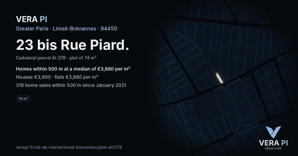 23 bis Rue Piard, Limeil-Brévannes at night – the plot lit, the parcels around coloured by the prices near them