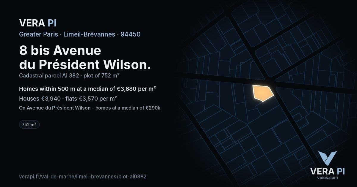 8 bis Avenue du Président Wilson, Limeil-Brévannes at night – the plot lit, the parcels around coloured by the prices near them