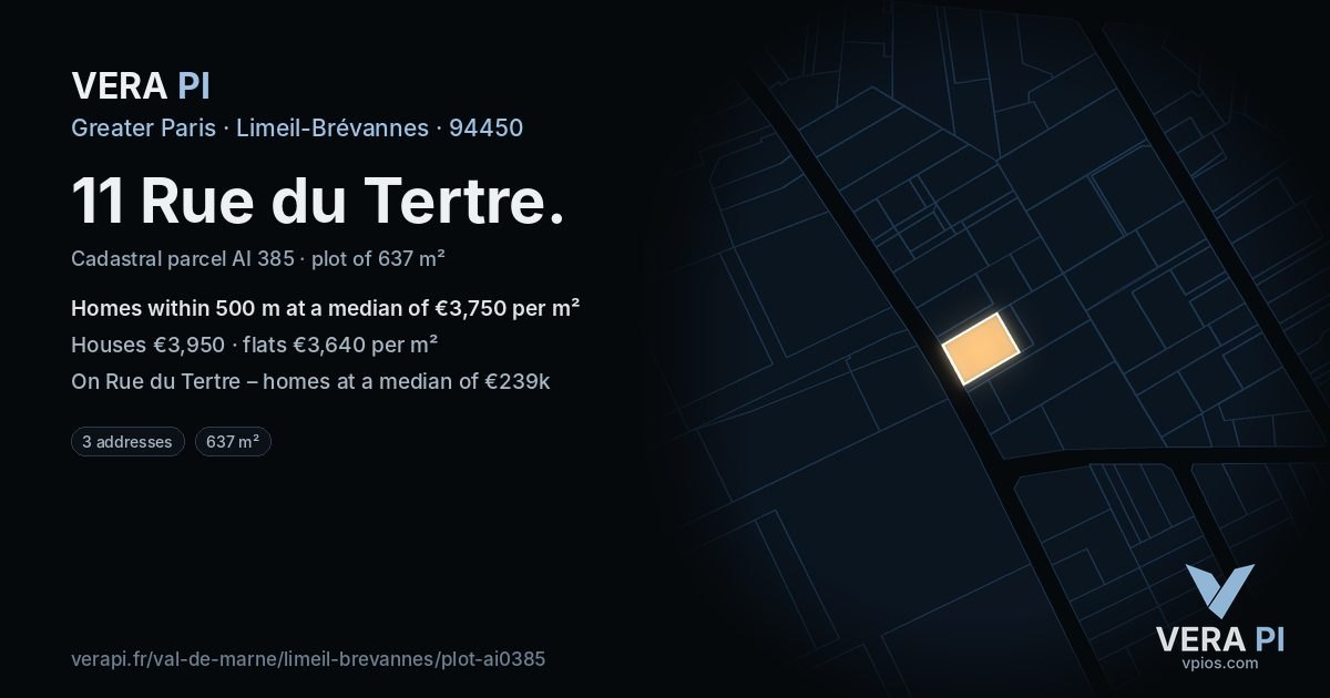 11 Rue du Tertre, Limeil-Brévannes at night – the plot lit, the parcels around coloured by the prices near them
