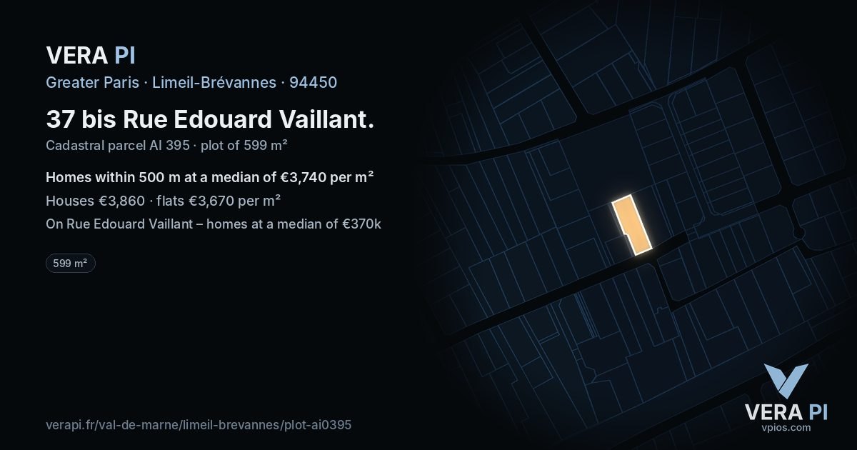37 bis Rue Edouard Vaillant, Limeil-Brévannes at night – the plot lit, the parcels around coloured by the prices near them