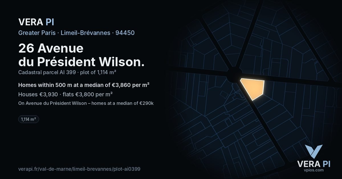 26 Avenue du Président Wilson, Limeil-Brévannes at night – the plot lit, the parcels around coloured by the prices near them