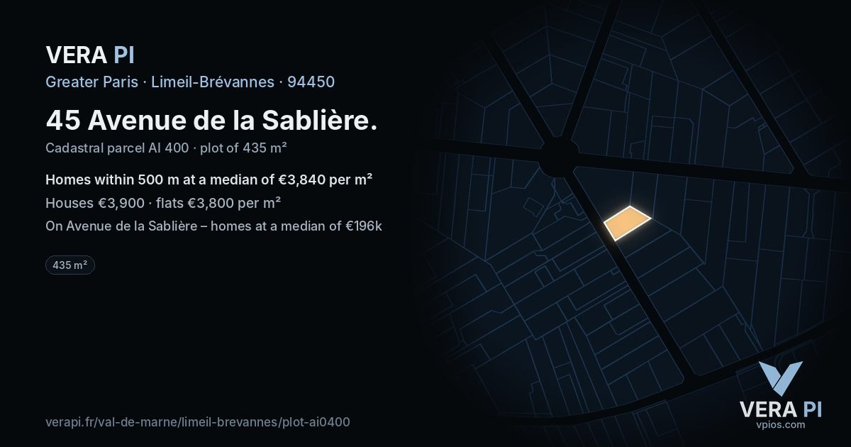 45 Avenue de la Sablière, Limeil-Brévannes at night – the plot lit, the parcels around coloured by the prices near them