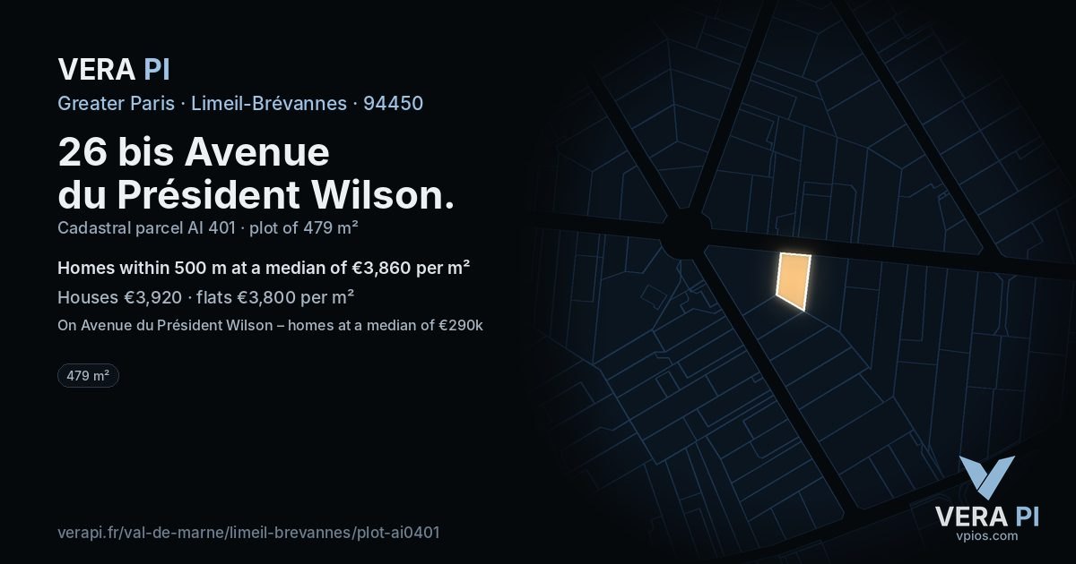 26 bis Avenue du Président Wilson, Limeil-Brévannes at night – the plot lit, the parcels around coloured by the prices near them