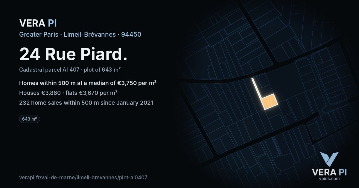 24 Rue Piard, Limeil-Brévannes at night – the plot lit, the parcels around coloured by the prices near them
