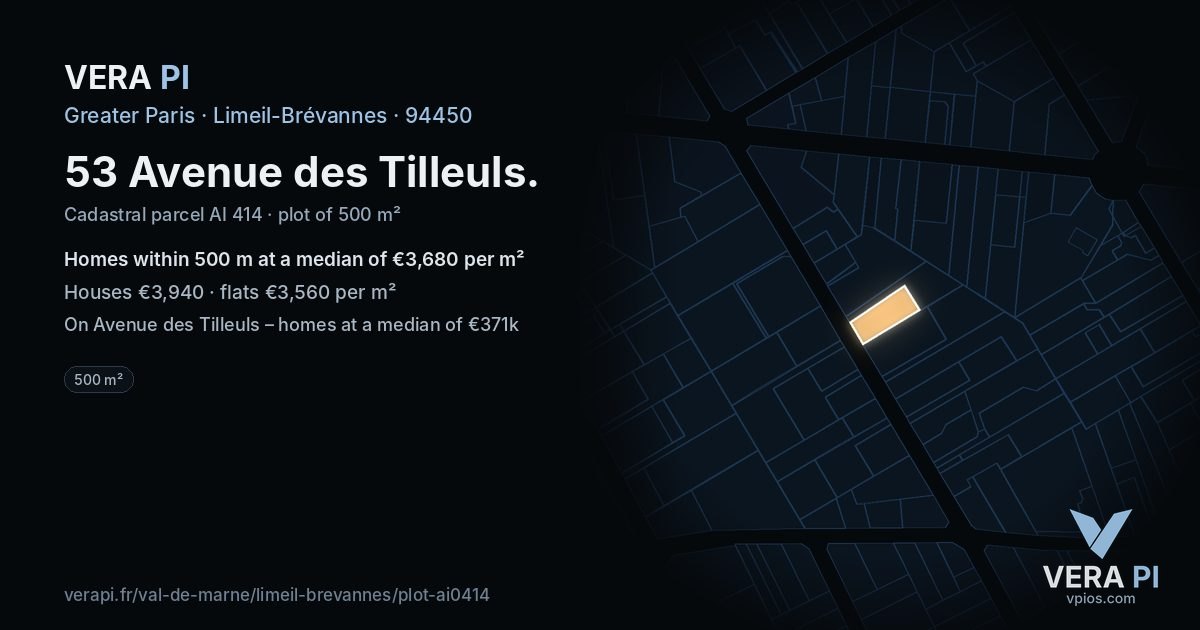 53 Avenue des Tilleuls, Limeil-Brévannes at night – the plot lit, the parcels around coloured by the prices near them